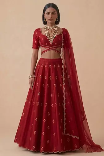Red Embroidered Raw Silk Lehenga Set