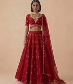 Red Embroidered Raw Silk Lehenga Set