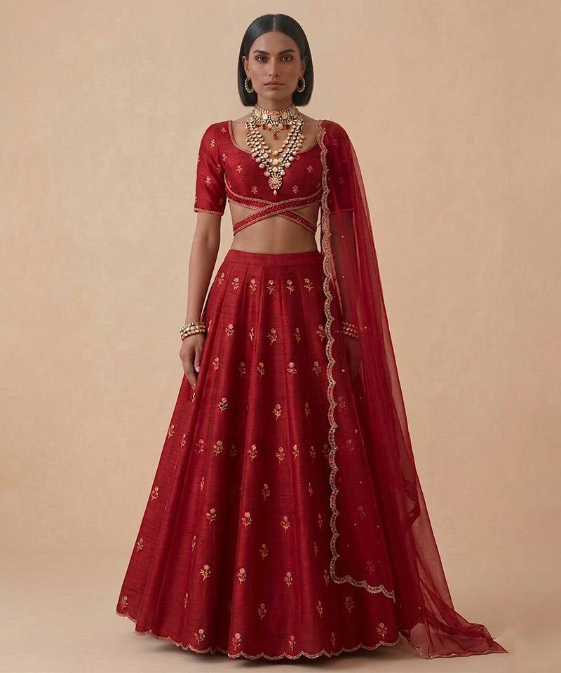 Red Embroidered Raw Silk Lehenga Set