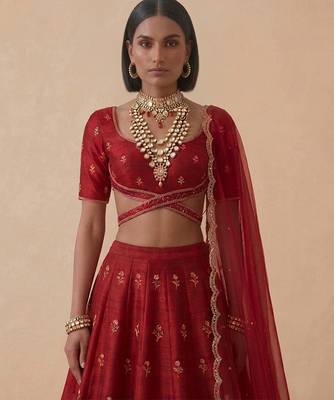 Red Embroidered Raw Silk Lehenga Set 2