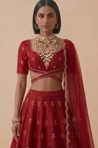 Red Embroidered Raw Silk Lehenga Set
