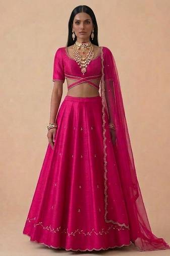 Hot Pink Embroidered Raw Silk Lehenga Set