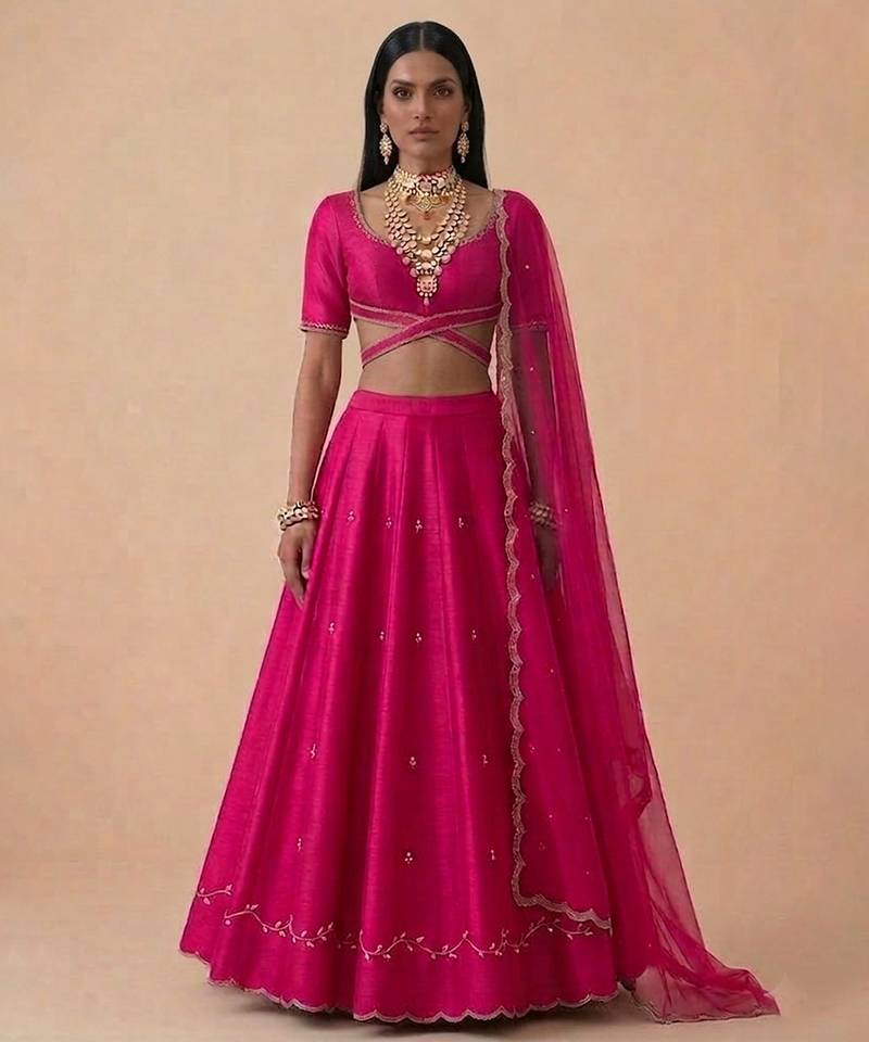Hot Pink Embroidered Raw Silk Lehenga Set