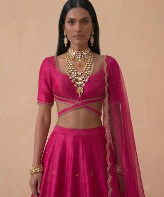 Hot Pink Embroidered Raw Silk Lehenga Set 2
