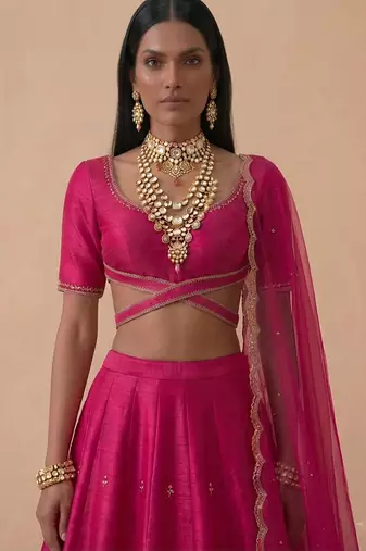 Hot Pink Embroidered Raw Silk Lehenga Set