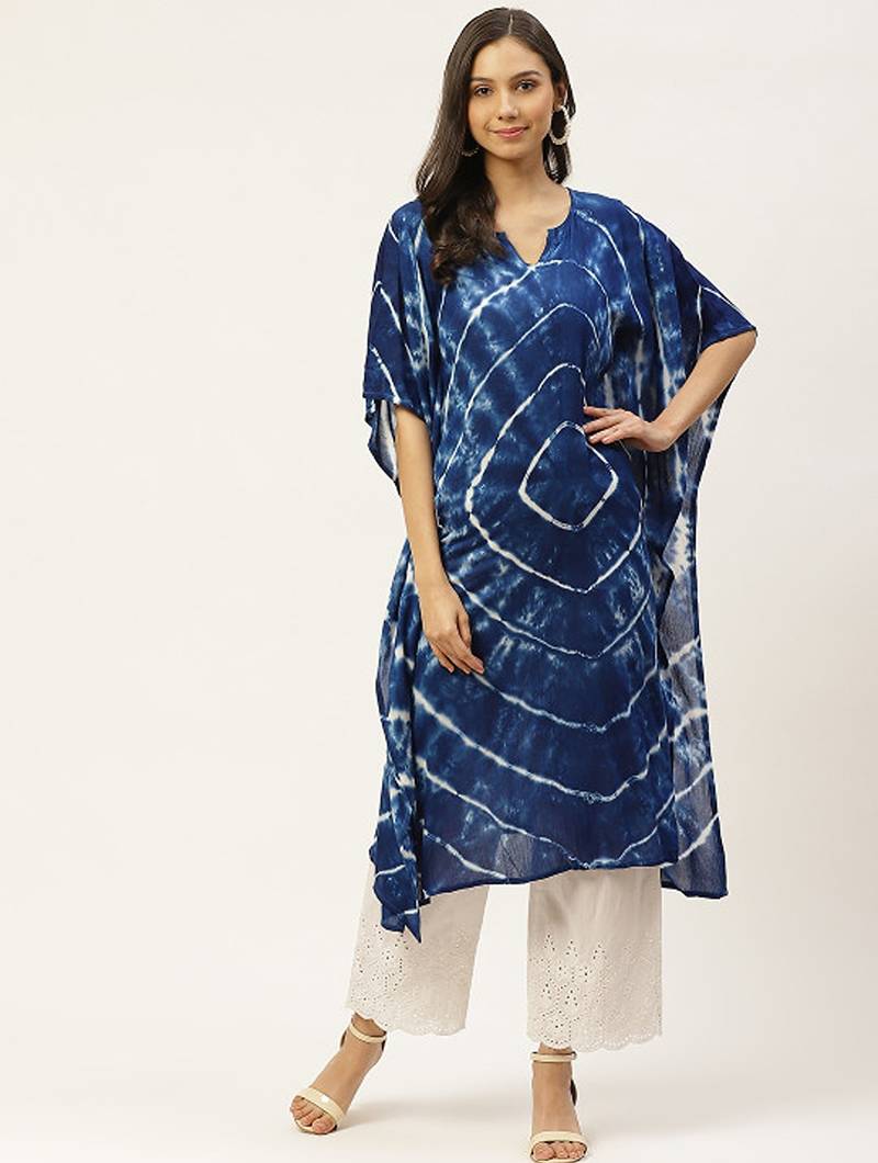 Navy blue & white hand dyed asymmetric kaftan kurta
