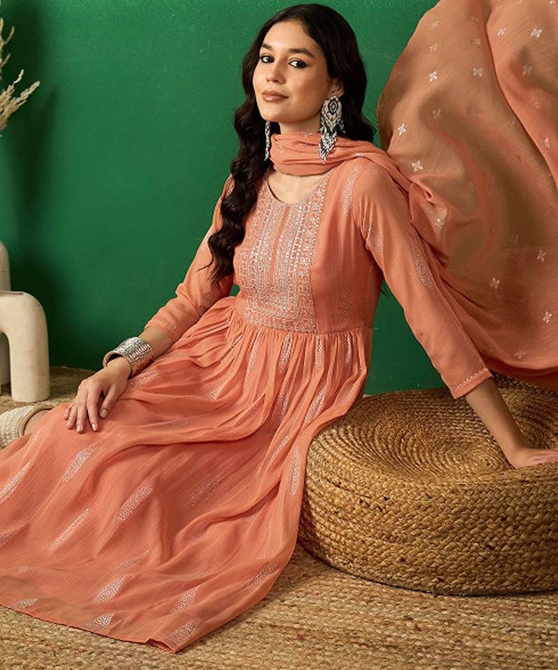 Peach floral embroidered a-line kurta with trouser & dupatta