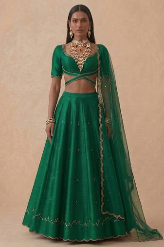 Emerald Green Embroidered Raw Silk Lehenga Set