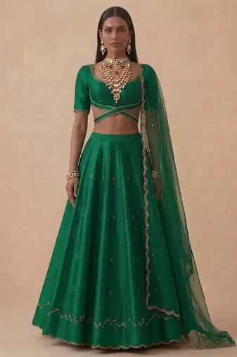 Emerald Green Embroidered Raw Silk Lehenga Set
