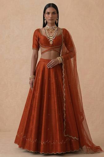 Rust Orange Embroidered Raw Silk Lehenga Set