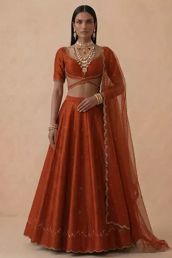 Rust Orange Embroidered Raw Silk Lehenga Set