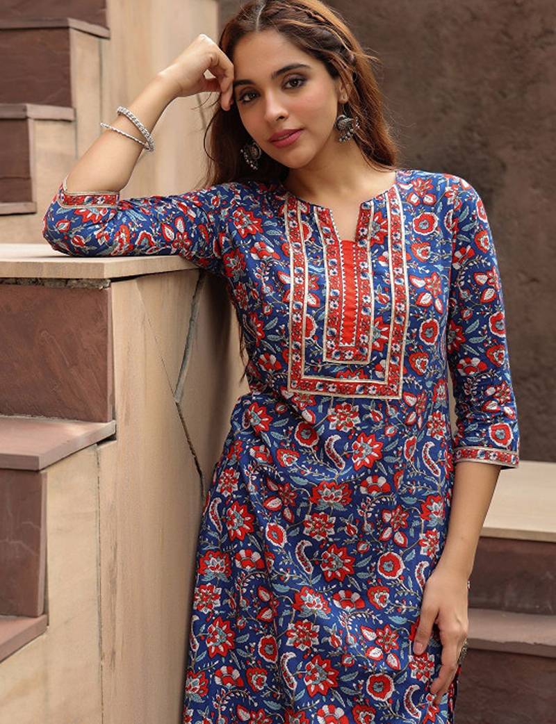 Floral printed notch neck thread work pure cotton a-line kurta