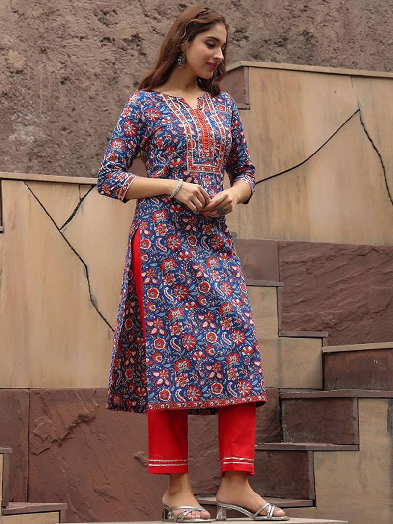 Floral printed notch neck thread work pure cotton a-line kurta