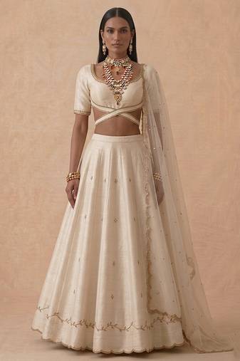 Ivory Embroidered Raw Silk Lehenga Set