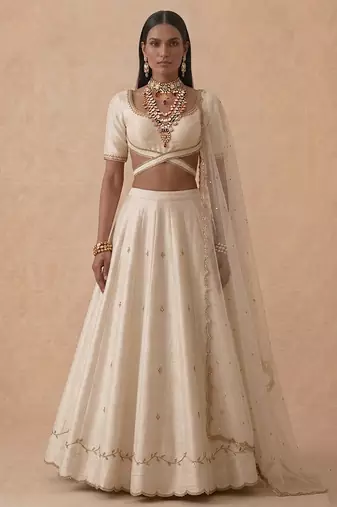 Ivory Embroidered Raw Silk Lehenga Set