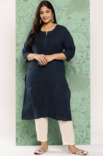 Plus size floral embroidered chikankari indigo pure cotton kurta