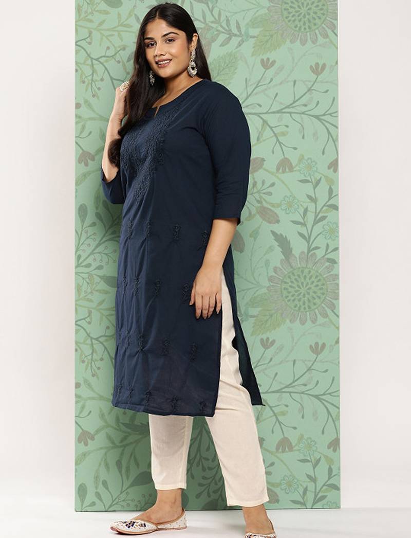 Plus size floral embroidered chikankari indigo pure cotton kurta