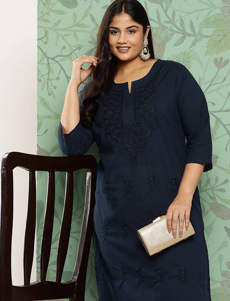 Plus size floral embroidered chikankari indigo pure cotton kurta