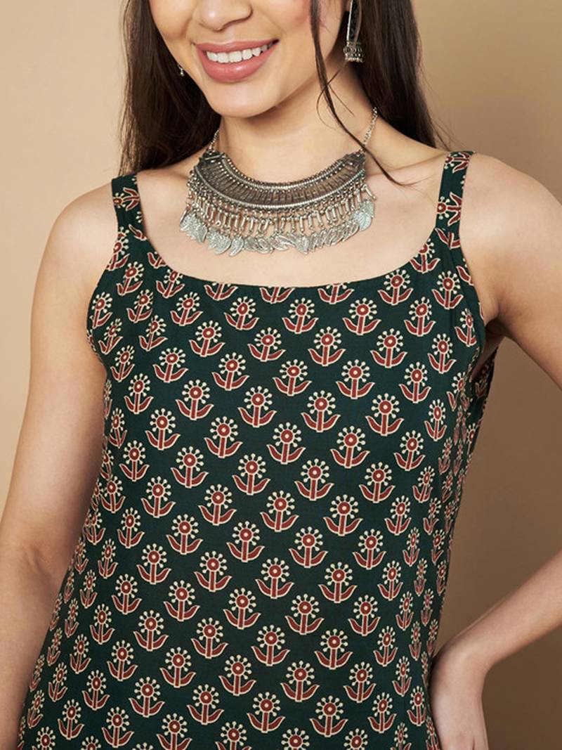 Floral printed shoulder straps boat neck cotton straight kurta