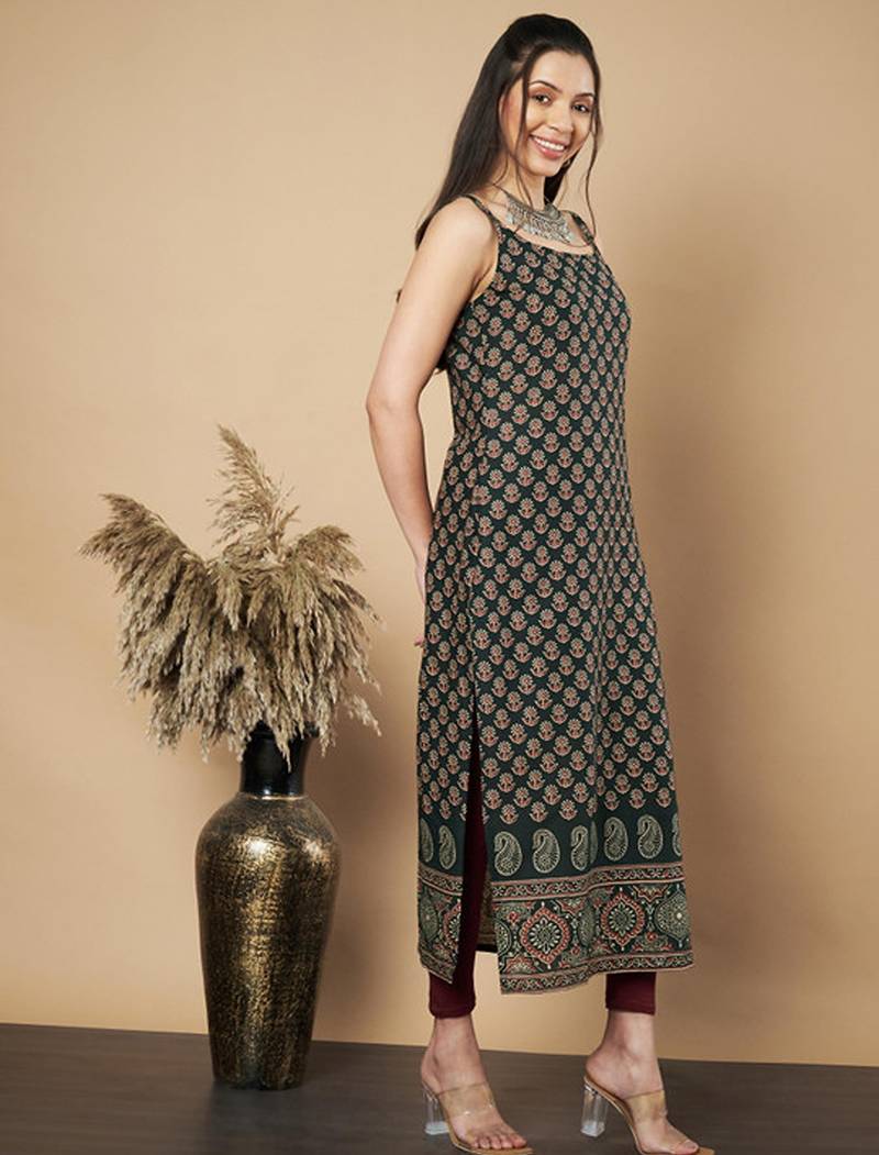 Floral printed shoulder straps boat neck cotton straight kurta