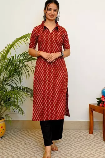 Floral printed shirt collar straight cotton kurta
