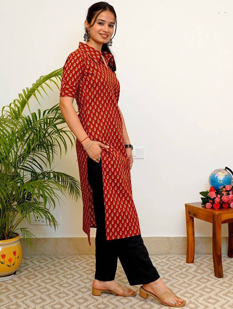 Floral printed shirt collar straight cotton kurta