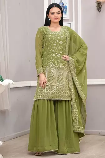 Mehendi green faux georgette embroidery work sharara set