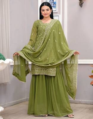 Mehendi green faux georgette embroidery work sharara set 2