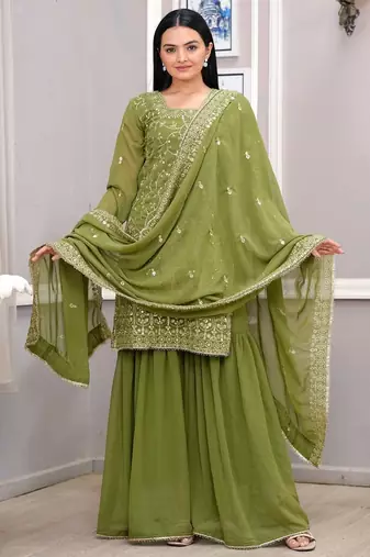 Mehendi green faux georgette embroidery work sharara set