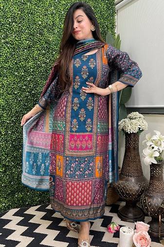 Floral printed round neck straight kurta with trousers & dupatta