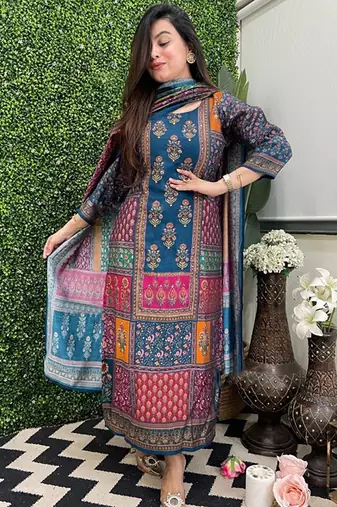 Floral printed round neck straight kurta with trousers & dupatta