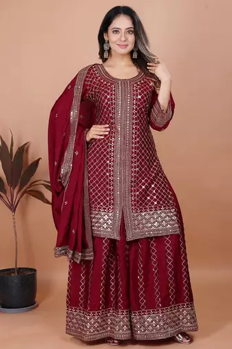Maroon color chinnon silk embroidery work plazo set