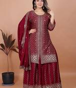 Maroon color chinnon silk embroidery work plazo set