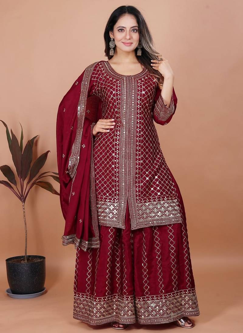 Maroon color chinnon silk embroidery work plazo set