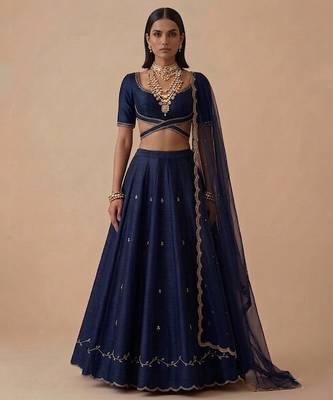 Navy Blue Embroidered Raw Silk Lehenga Set 1