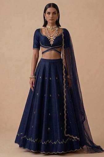 Navy Blue Embroidered Raw Silk Lehenga Set
