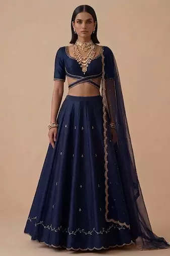 Navy Blue Embroidered Raw Silk Lehenga Set