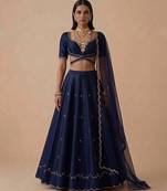 Navy Blue Embroidered Raw Silk Lehenga Set