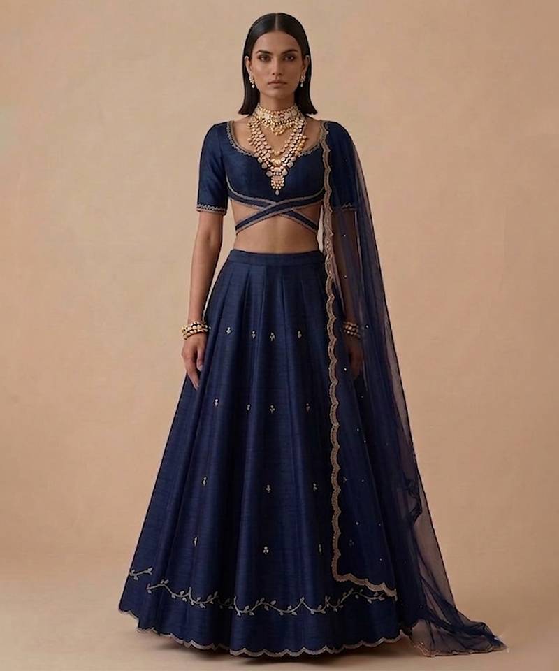 Navy Blue Embroidered Raw Silk Lehenga Set