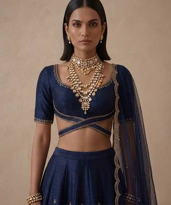 Navy Blue Embroidered Raw Silk Lehenga Set 2