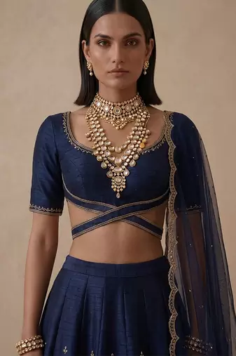 Navy Blue Embroidered Raw Silk Lehenga Set