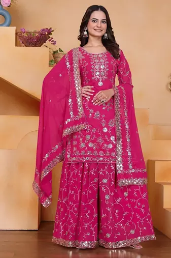 Pink color faux georgette embroidery work wedding wear plazo set