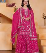 Pink color faux georgette embroidery work wedding wear plazo set