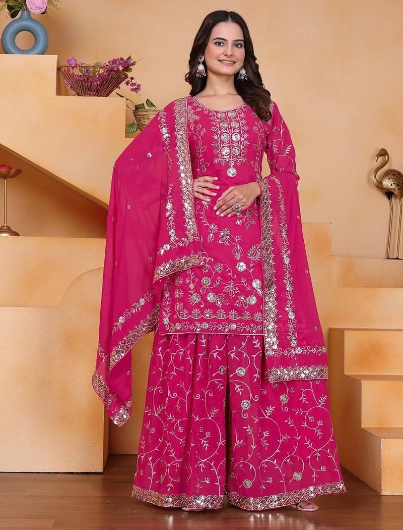 Pink color faux georgette embroidery work wedding wear plazo set