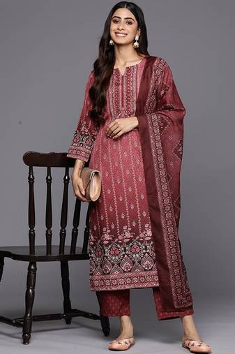 Floral printed notch-neck kurta with trousers and dupatta