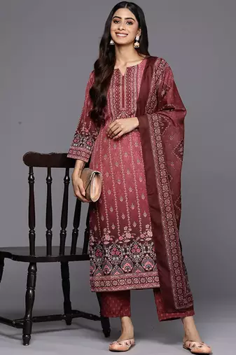 Floral printed notch-neck kurta with trousers and dupatta
