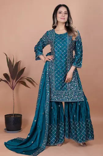Teal color chinnon silk embroidery work sharara set