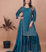 Teal color chinnon silk embroidery work sharara set