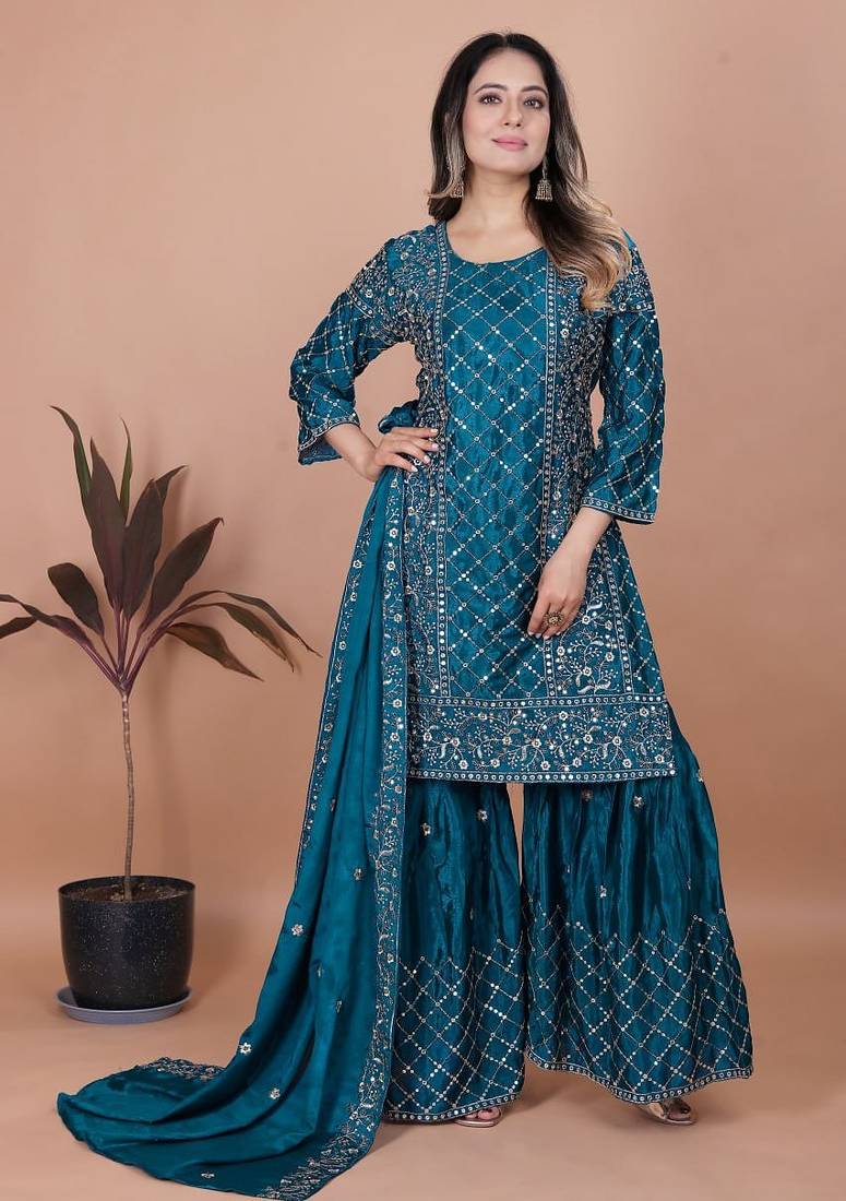 Teal color chinnon silk embroidery work sharara set