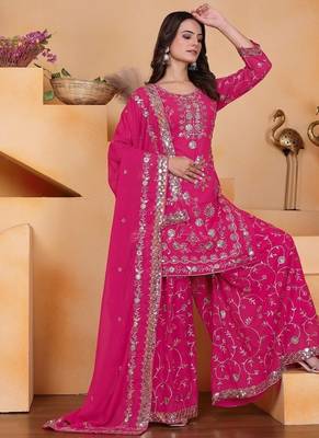 Pink color faux georgette embroidery work wedding wear plazo set 3